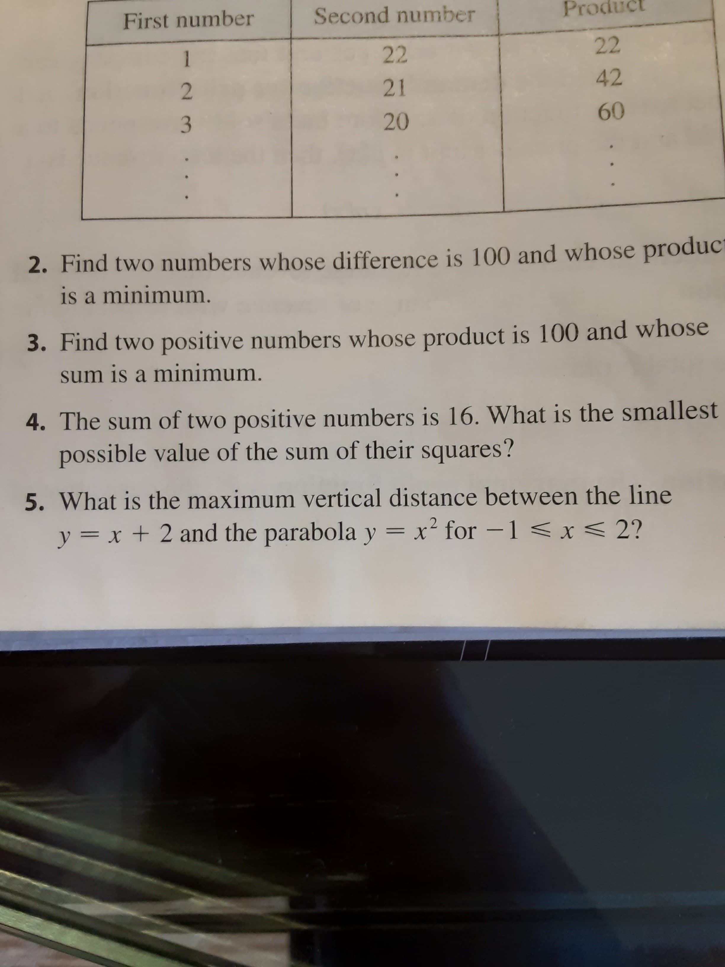 4. The sum of two positive numbers is 16. What is the smallest
possible value of the sum of their squares?
