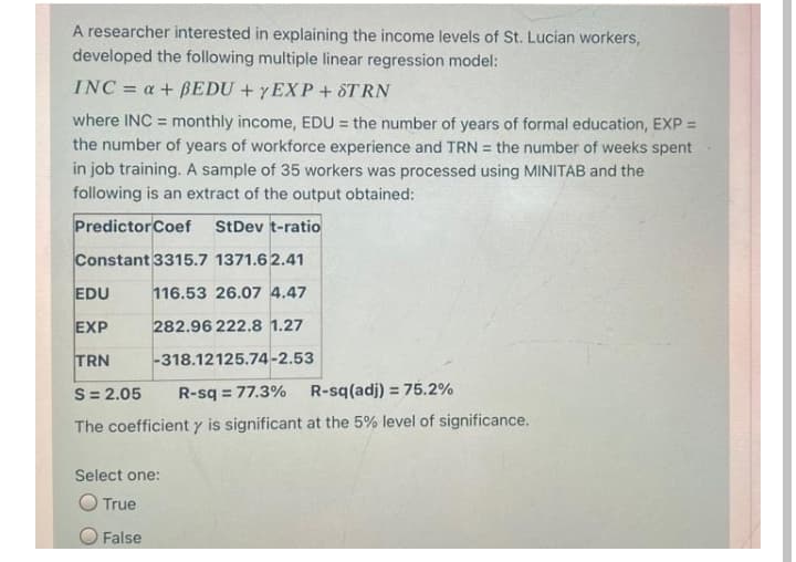 A researcher interested in explaining the income levels of St. Lucian workers,
developed the following multiple linear regression model:
INC = a + BEDU + YEXP+ ST RN
where INC = monthly income, EDU = the number of years of formal education, EXP =
the number of years of workforce experience and TRN = the number of weeks spent
in job training. A sample of 35 workers was processed using MINITAB and the
following is an extract of the output obtained:
%3D
PredictorCoef
StDev t-ratio
Constant 3315.7 1371.6 2.41
EDU
116.53 26.07 4.47
EXP
282.96 222.8 1.27
TRN
-318.12125.74-2.53
S= 2.05
R-sq = 77.3%
R-sq(adj) = 75.2%
The coefficient y is significant at the 5% level of significance.
Select one:
O True
False
