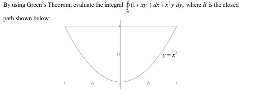 By using Green's Theorem, evaluate the integral (1+xry') dx+x²y dy, where R is the closed
R
path shown below:
05-
y=x²
os
05
