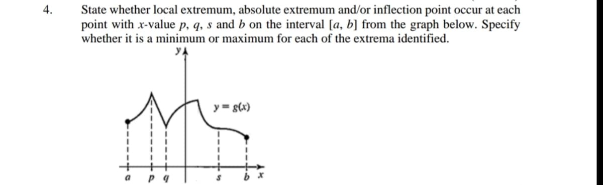 State whether local extremum, absolute extremum and/or inflection point occur at each
point with x-value p, q, s and b on the interval [a, b] from the graph below. Specify
whether it is a minimum or maximum for each of the extrema identified.
YA
y = s(x)
а ра
