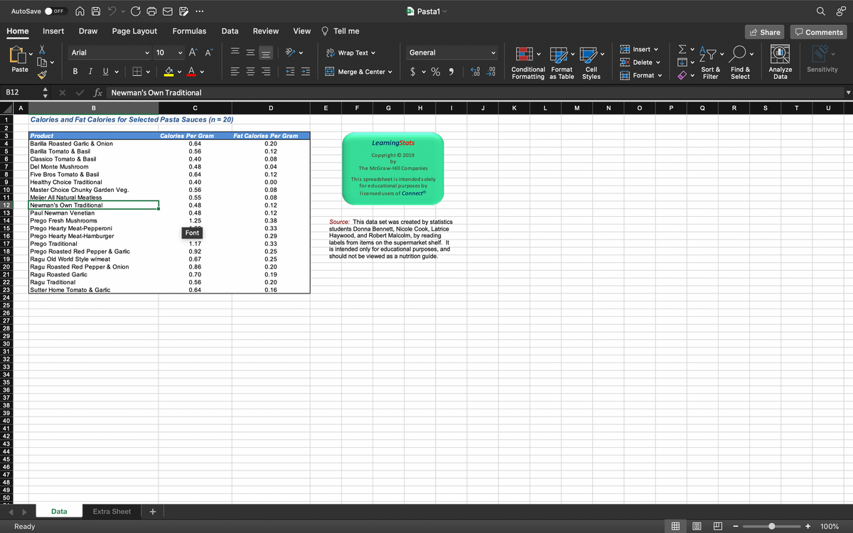 AutoSave
X Pasta1 v
OFF
Home
Insert
Draw
Page Layout
Formulas
Data
Review
View
Tell me
Share
O Comments
Insert v
Arial
10
ab
ab
če Wrap Text v
General
Delete v
I U
A v
$
Conditional Format
Cell
Sort &
Filter
Analyze
Data
.00
Find &
Select
Paste
В
Merge & Center v
Sensitivity
Formatting as Table
Styles
Format v
B12
fx Newman's Own Traditional
A
C
E
F
G
H
J
K
L
M
N
P
Q
R
S
1
Calories and Fat Calories for Selected Pasta Sauces (n = 20)
2
3
Product
Calories Per Gram
Fat Calories Per Gram
4
Barilla Roasted Garlic & Onion
0.64
0.20
LearningStats
Barilla Tomato & Basil
0.56
0.12
Copyright © 2019
by
The McGraw-Hill Companies
6
Classico Tomato & Basil
0.40
0.08
Del Monte Mushroom
Five Bros Tomato & Basil
Healthy Choice Traditional
Master Choice Chunky Garden Veg.
Meijer All Natural Meatless
Newman's Own Traditional
7
0.48
0.04
8
0.64
0.12
This spreadsheet is intended s olely
for educational purposes by
licensed users of Connect®
9.
0.40
0.00
10
0.56
0.08
11
0.55
0.08
12
0.48
0.12
13
Paul Newman Venetian
0.48
0.12
Prego Fresh Mushrooms
Prego Hearty Meat-Pepperoni
Prego Hearty Meat-Hamburger
Prego Traditional
Prego Roasted Red Pepper & Garlic
Ragu Old World Style
Ragu Roasted Red Pepper & Onion
Ragu Roasted Garlic
Ragu Traditional
14
1.25
0.38
Source: This data set was created by statistics
students Donna Bennett, Nicole Cook, Latrice
Haywood, and Robert Malcolm, by reading
labels from items on the supermarket shelf. It
is intended only for educational purposes, and
should not be viewed as a nutrition guide.
15
0.33
Font
16
0.29
17
1.17
0.33
18
0.92
0.25
19
'mea
0.67
0.25
20
0.86
0.20
21
0.70
0.19
22
0.56
0.20
23
Sutter Home Tomato & Garlic
0.64
0.16
24
25
26
27
28
29
30
31
32
33
34
35
36
37
38
39
40
41
42
43
44
45
46
47
48
49
50
Data
Extra Sheet
Ready
100%
WEO
lili
