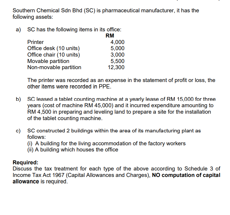 Southern Chemical Sdn Bhd (SC) is pharmaceutical manufacturer, it has the
following assets:
a) SC has the following items in its office:
RM
Printer
Office desk (10 units)
Office chair (10 units)
Movable partition
Non-movable partition
4,000
5,000
3,000
5,500
12,300
The printer was recorded as an expense in the statement of profit or loss, the
other items were recorded in PPE.
b) SC leased a tablet counting machine at a yearly lease of RM 15,000 for three
years (cost of machine RM 45,000) and it incurred expenditure amounting to
RM 4,500 in preparing and leveling land to prepare a site for the installation
of the tablet counting machine.
c) SC constructed 2 buildings within the area of its manufacturing plant as
follows:
(i) A building for the living accommodation of the factory workers
(ii) A building which houses the office
Required:
Discuss the tax treatment for each type of the above according to Schedule 3 of
Income Tax Act 1967 (Capital Allowances and Charges), NO computation of capital
allowance is required.
