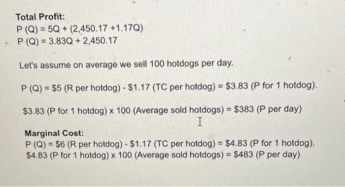 Total Profit:
P (Q) = 5Q + (2,450.17 +1.17Q)
P (Q) = 3.83Q + 2,450.17
Let's assume on average we sell 100 hotdogs per day.
P (Q) = $5 (R per hotdog) - $1.17 (TC per hotdog) = $3.83 (P for 1 hotdog).
$3.83 (P for 1 hotdog) x 100 (Average sold hotdogs) $383 (P per day)
%3D
Marginal Cost:
P (Q) = $6 (R per hotdog) - $1.17 (TC per hotdog) $4.83 (P for 1 hotdog).
$4.83 (P for 1 hotdog) x 100 (Average sold hotdogs) = $483 (P per day)
!3!
%3D
