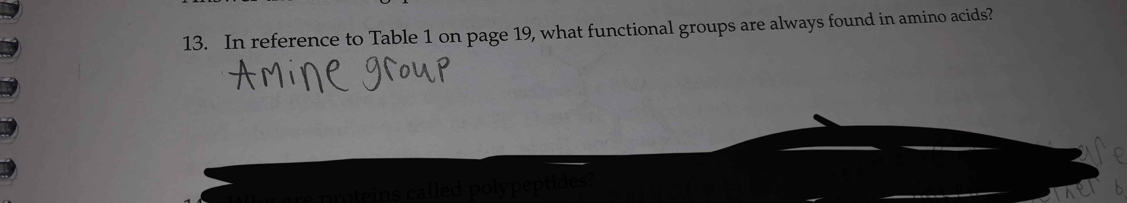 13.
In reference to Table 1 on page 19, what functional groups are always found in amino acids?
AMine group
TAILRO Droteins called polypeptides?
