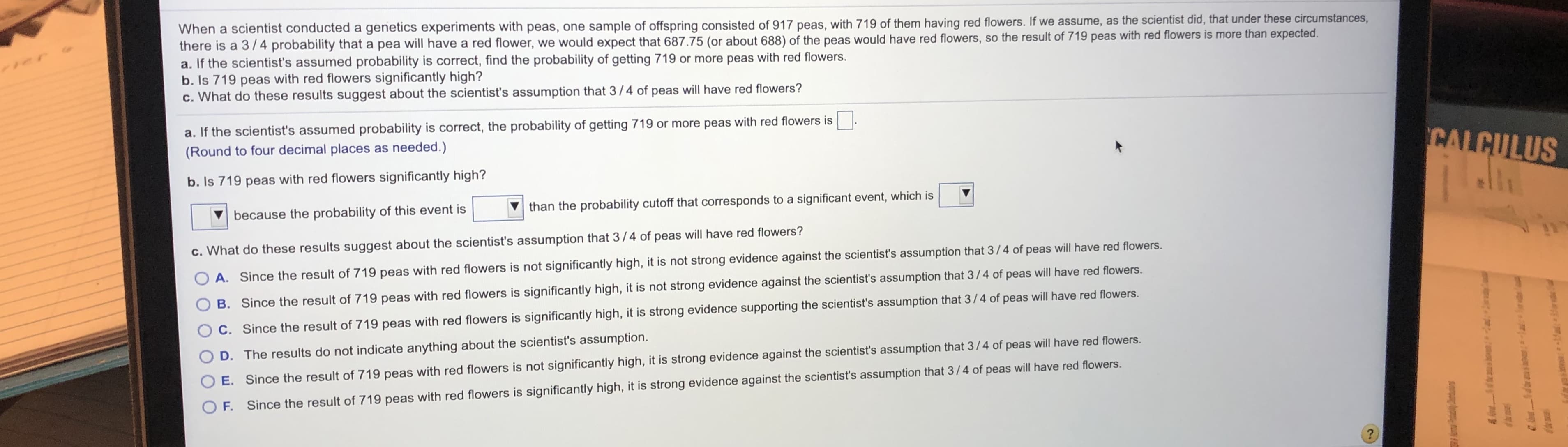 When a scientist conducted a genetics experiments with peas, one sample of offspring consisted of 917 peas, with 719 of them having red flowers. If we assume, as the scientist did, that under these circumstances,
there is a 3/4 probability that a pea will have a red flower, we would expect that 687.75 (or about 688) of the peas would have red flowers, so the result of 719 peas with red flowers is more than expected.
a. If the scientist's assumed probability is correct, find the probability of getting 719 or more peas with red flowers.
b. Is 719 peas with red flowers significantly high?
c. What do these results suggest about the scientist's assumption that 3/ 4 of peas will have red flowers?
a. If the scientist's assumed probability is correct, the probability of getting 719 or more peas with red flowers is
(Round to four decimal places as needed.)
CALCULUS
b. Is 719 peas with red flowers significantly high?
because the probability of this event is
than the probability cutoff that corresponds to a significant event, which is
c. What do these results suggest about the scientist's assumption that 3/4 of peas will have red flowers?
A. Since the result of 719 peas with red flowers is not significantly high, it is not strong evidence against the scientist's assumption that 3/4 of peas will have red flowers.
B. Since the result of 719 peas with red flowers is significantly high, it is not strong evidence against the scientist's assumption that 3/4 of peas will have red flowers.
C. Since the result of 719 peas with red flowers is significantly high, it is strong evidence supporting the scientist's assumption that 3/4 of peas will have red flowers.
O D. The results do not indicate anything about the scientist's assumption.
E. Since the result of 719 peas with red flowers is not significantly high, it is strong evidence against the scientist's assumption that 3/4 of peas will have red flowers.
F. Since the result of 719 peas with red flowers is significantly high, it is strong evidence against the scientist's assumption that 3/4 of peas will have red flowers.
