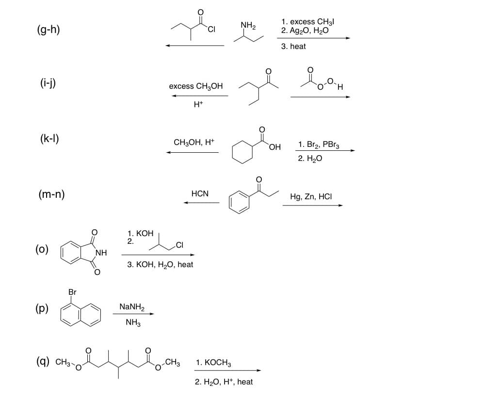 (g-h)
(i-j)
(k-1)
(m-n)
(0)
(p)
of
NH
Br
(q) CH3-
1. KOH
2.
NaNH,
NH3
excess CH3OH
CI
CI
H+
CH3OH, H+
3. KOH, H₂O, heat
HCN
NH₂
1. KOCH3
2. H₂O, H*, heat
O
OH
1. excess CH3l
2. Ag₂O, H₂O
3. heat
1. Br₂, PBr3
2. H₂O
Hg, Zn, HCI