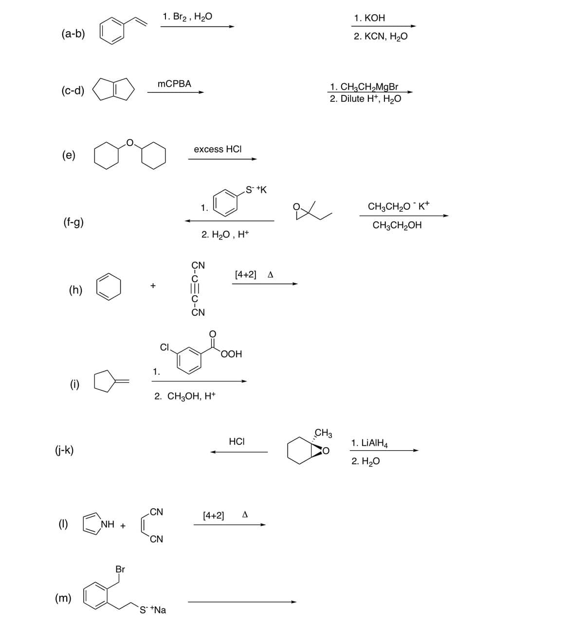 (a-b)
(c-d)
(e)
(f-g)
(h)
(i)
(j-k)
(1)
(m)
NH +
Br
L
C
1. Br₂, H₂O
mCPBA
1.
CN
CN
excess HCI
S +Na
1.
2. CH3OH, H+
2. H₂O, H+
3-0=0-3
OOH
[4+2]
S+K
[4+2] A
HCI
1. KOH
2. KCN, H2O
1. CH3CH₂MgBr
2. Dilute H+, H₂O
CH3
CH3CH₂O K+
CH3CH₂OH
1. LIAIH4
2. H₂O