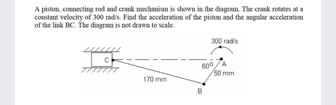 A piston, connecting rod and crank mechanism is shown in the diagram. The crank rotates at a
constant velocity of 300 rad/s. Find the acceleration of the piston and the angular acceleration
of the link BC. The diagram is not drawn to scale.
300 rad/s
60°
50 mm
170 mm
B
