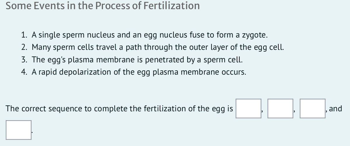 Some Events in the Process of Fertilization
1. A single sperm nucleus and an egg nucleus fuse to form a zygote.
2. Many sperm cells travel a path through the outer layer of the egg cell.
3. The egg's plasma membrane is penetrated by a sperm cell.
4. A rapid depolarization of the egg plasma membrane occurs.
The correct sequence to complete the fertilization of the egg is
,and

