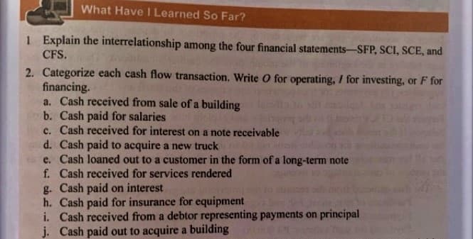 What Have I Learned So Far?
1 Explain the interrelationship among the four financial statements-SFP, SCI, SCE, and
CFS.
2. Categorize each cash flow transaction. Write O for operating, I for investing, or F for
financing.
a. Cash received from sale of a building
b. Cash paid for salaries
c. Cash received for interest on a note receivable
d. Cash paid to acquire a new truck
e. Cash loaned out to a customer in the form of a long-term note
f. Cash received for services rendered
g. Cash paid on interest
h. Cash paid for insurance for equipment
i. Cash received from a debtor representing payments on principal
j. Cash paid out to acquire a building
