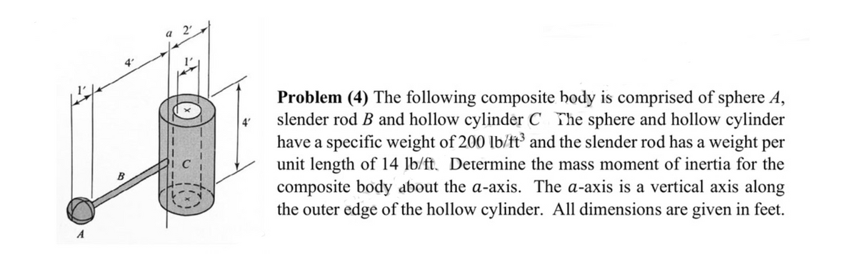 Problem (4) The following composite body is comprised of sphere A,
slender rod B and hollow cylinder C The sphere and hollow cylinder
have a specific weight of 200 lb/ft and the slender rod has a weight per
unit length of 14 lb/ft. Determine the mass moment of inertia for the
composite body about the a-axis. The a-axis is a vertical axis along
the outer edge of the hollow cylinder. All dimensions are given in feet.
B
A
