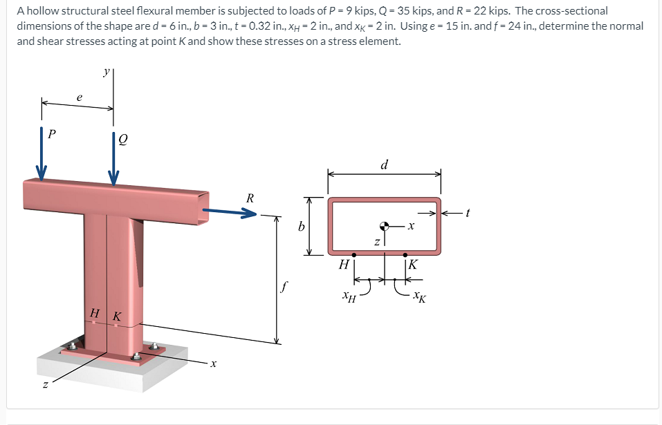 A hollow structural steel flexural member is subjected to loads of P = 9 kips, Q = 35 kips, and R = 22 kips. The cross-sectional
dimensions of the shape are d = 6 in., b = 3 in., t = 0.32 in., xH = 2 in., and xg = 2 in. Using e = 15 in. and f= 24 in., determine the normal
and shear stresses acting at point Kand show these stresses on a stress element.
e
d
R
H
K
f
XH
XK
HK
