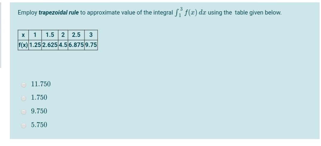 Employ trapezoidal rule to approximate value of the integral f f(x) dx using the table given below.
1
1.5 2 2.5
3
f(x) 1.25 2.6254.56.875 9.75
O 11.750
O 1.750
O 9.750
O 5.750
