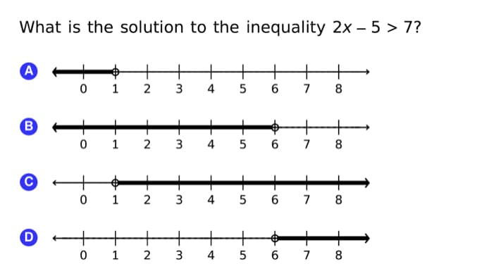What is the solution to the inequality 2x – 5 > 7?
+
+
0 1
2
3
4
5 6 7
8
+
+
0 1
2
3
4
6 7
8
0 1 2 3 4 5 6 7 8
2
6
7 8
+5
+4
+ M
