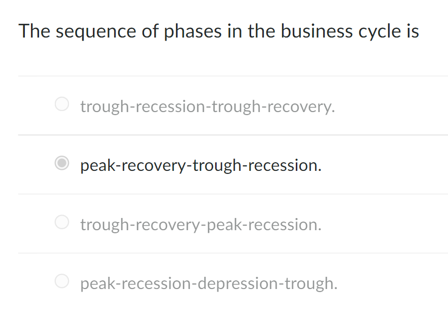 The sequence of phases in the business cycle is
Otrough-recession-trough-recovery.
peak-recovery-trough-recession.
trough-recovery-peak-recession.
peak-recession-depression-trough.