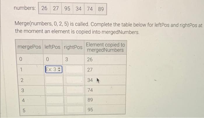 numbers: 26 27 95 34 74 89
Merge(numbers, 0, 2, 5) is called. Complete the table below for leftPos and rightPos at
the moment an element is copied into merged Numbers.
Element copied to
mergePos leftPos rightPos
merged Numbers
0
0
3
26
1
Ex: 3+
27
34
2
3
4
5
1890
74
95