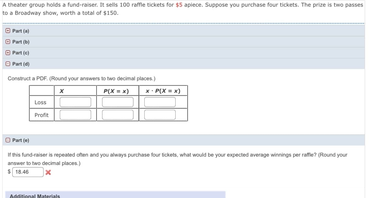 A theater group holds a fund-raiser. It sells 100 raffle tickets for $5 apiece. Suppose you purchase four tickets. The prize is two passes
to a Broadway show, worth a total of $150.
O Part (a)
O Part (b)
O Part (c)
O Part (d)
Construct a PDF. (Round your answers to two decimal places.)
P(X = x)
x · P(X = x)
Loss
Profit
O Part (e)
If this fund-raiser is repeated often and you always purchase four tickets, what would be your expected average winnings per raffle? (Round your
answer to two decimal places.)
$ 18.46
Additional Materials
