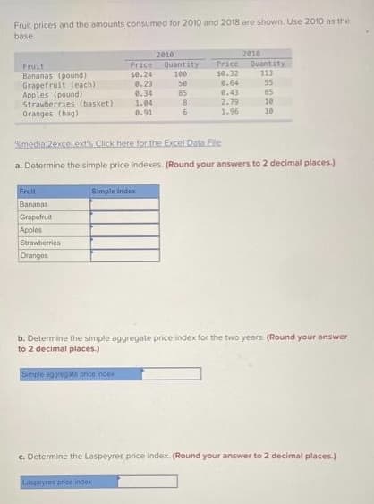 Fruit prices and the amounts consumed for 2010 and 2018 are shown. Use 2010 as the
base
2010
Quantity
100
2016
Quantity
113
Eruit
Price
Price
Bananas (pound)
Grapefruit leach)
Apples (pound)
Strawberries (basket)
Oranges (bag)
s0.32
0.64
0.43
2.79
1.96
se.24
0.29
50
55
85
10
0.34
BS
1.04
0.91
6
10
Smedia. 2excel.ext Click here for the Excel Data File
a. Determine the simple price indexes. (Round your answers to 2 decimal places.)
Fruit
Simple index
Bananas
Grapefruit
Apples
Strawberries
Oranges
b. Determine the simple aggregate price index for the two years (Round your answer
to 2 decimal places.)
Simple aggregata pnoo index
c. Determine the Laspeyres price index. (Round your answer to 2 decimal places.)
Laspoyres prioe index
