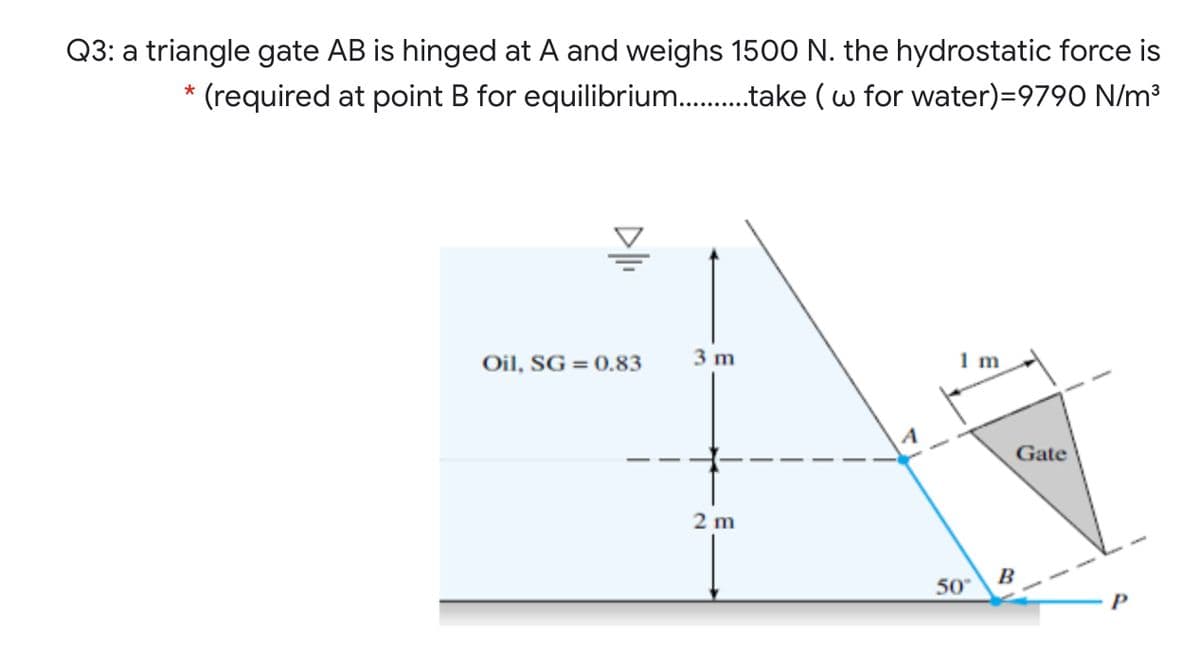 Q3: a triangle gate AB is hinged at A and weighs 1500 N. the hydrostatic force is
* (required at point B for equilibrium .take ( w for water)=9790 N/m³
Oil, SG = 0.83
3 m
1 m
Gate
2 m
B
50
P
