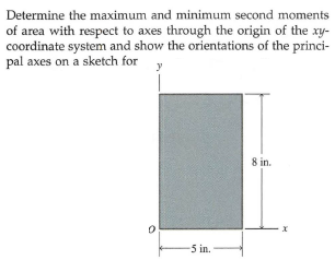 Determine the maximum and minimum second moments
of area with respect to axes through the origin of the xy-
coordinate system and show the orientations of the princi-
pal axes on a sketch for
y
8 in.
-5 in.
