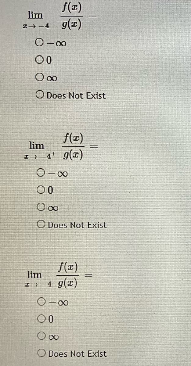 f(z)
lim
00
O Does Not Exist
f(1)
lim
I→ – 4* g(x)
O-00
O Does Not Exist
f(z)
lim
I -4 g(x)
O Does Not Exist
