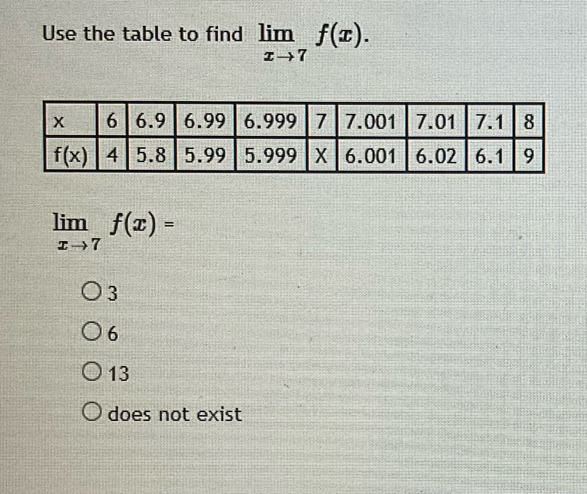 Use the table to find lim f(E).
6 6.9 6.99 6.99977.001 7.017.1 8
f(x) 45.8 5.99 5.999 X6.001 6.02 6.1 9
lim f(r) =
エ7
Оз
O 13
O does not exist
