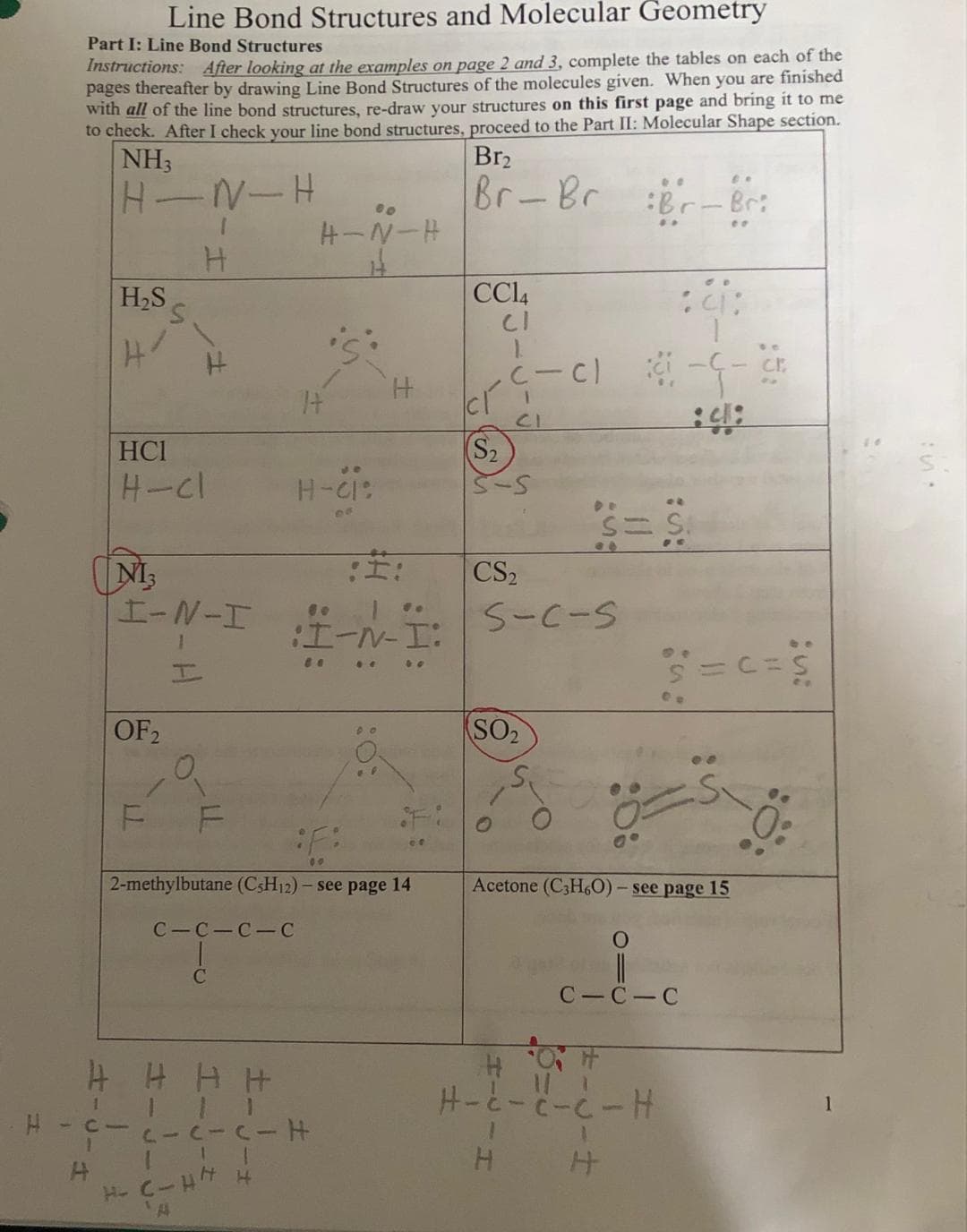 H
Part I: Line Bond Structures
Instructions: After looking at the examples on page 2 and 3, complete the tables on each of the
pages thereafter by drawing Line Bond Structures of the molecules given. When you are finished
with all of the line bond structures, re-draw your structures on this first page and bring it to me
to check. After I check your line bond structures, proceed to the Part II: Molecular Shape section.
NH3
Br₂
H-N-H
Br-Br Br-Bri
H
H₂S
H
1
Line Bond Structures and Molecular Geometry
HCI
H-cl
OF 2
H
NI3
I-N-I
1
I
F
F
HHHH
C-C-C-C
--C
C
H-N-H
14
H-C-H7 H
A
H-CI:
| ..
:I-N-I:
2-methylbutane (C5H12) - see page 14
80
CICICIT
1
H
CC14
CI
.c-cl
cr
C-C1-C-C
1
CI
(S₂
S-S
CS₂
S-C-S
SO₂
:ci:
et
S= S
agu ol
Acetone (C3H6O) - see page 15
O
HO H
H-ċ-ċ-C-H
4
41:
be
S=C = S
C-C-C
1
::