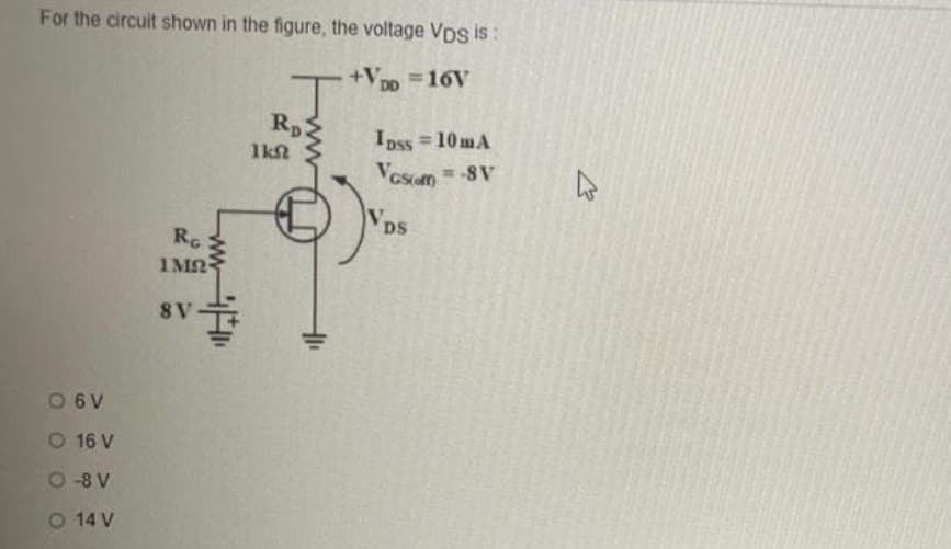 For the circuit shown in the figure, the voltage VDs is:
+Vpp = 16V
DD
0 6V
O 16 V
O-8 V
O 14 V
RG
1MR
8V
Rp
1kft
IDSS = 10mA
Vascoff) = -8V
V.
DS