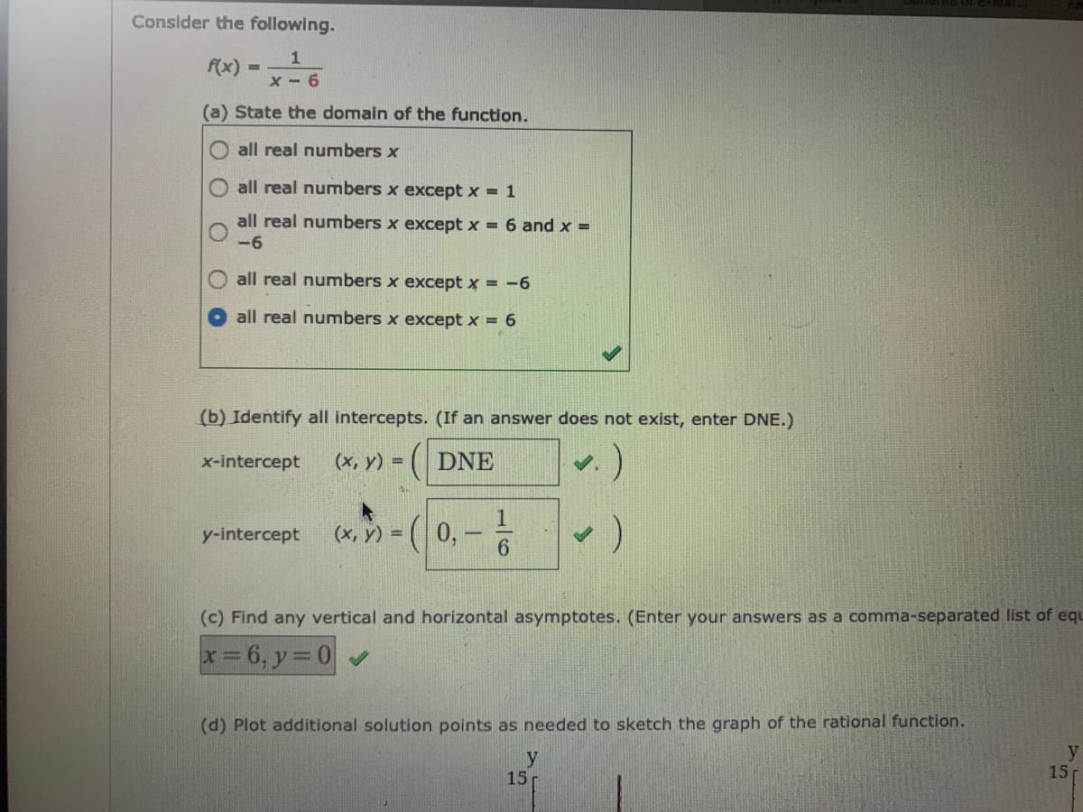 Consider the following.
1
f(x)
x - 6
(a) State the domain of the function.
all real numbers x
all real numbers x except x = 1
all real numbers x except x
- 6 and x=
-6
all real numbers x except x = -6
all real numbers x except x = 6
(b) Identify all intercepts. (If an answer does not exist, enter DNE.)
x-intercept
(х, у) %3D
( DNE
(x, y) = ( 0,
(.
y-intercept
(c) Find any vertical and horizontal asymptotes. (Enter your answers as a comma-separated list of equ
x 6, y= 0
(d) Plot additional solution points as needed to sketch the graph of the rational function.
y
15
y
15
