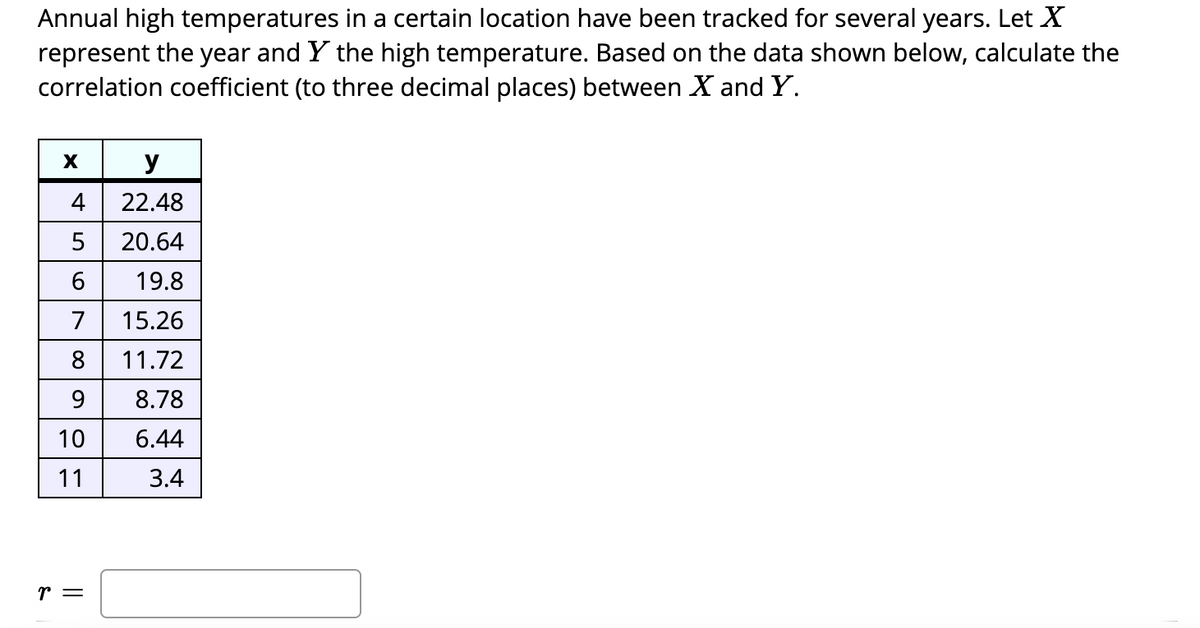 Annual high temperatures in a certain location have been tracked for several years. Let X
represent the year and Y the high temperature. Based on the data shown below, calculate the
correlation coefficient (to three decimal places) between X and Y.
y
4
22.48
5
20.64
19.8
7
15.26
8
11.72
9.
8.78
10
6.44
11
3.4
r =
