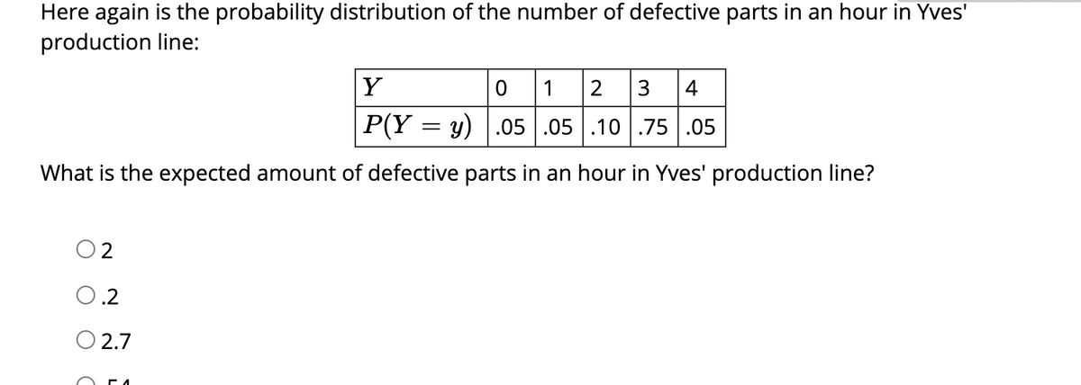 Here again is the probability distribution of the number of defective parts in an hour in Yves'
production line:
0 1 2
P(Y = y) |.05 .05 .10 .75|.05
Y
3
4
What is the expected amount of defective parts in an hour in Yves' production line?
2
0.2
O 2.7

