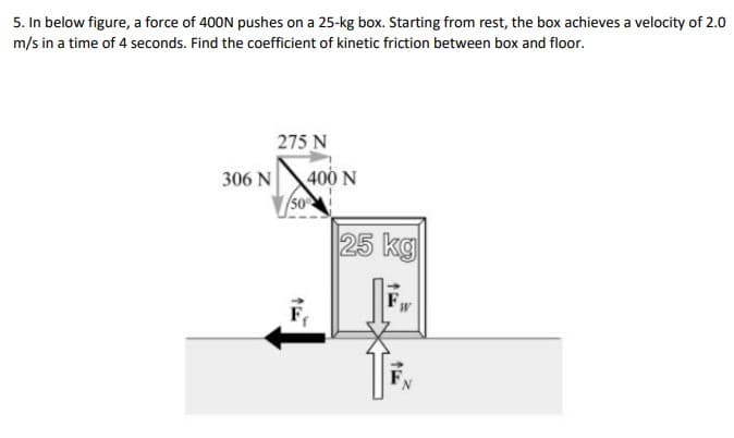 5. In below figure, a force of 400N pushes on a 25-kg box. Starting from rest, the box achieves a velocity of 2.0
m/s in a time of 4 seconds. Find the coefficient of kinetic friction between box and floor.
275 N
400 N
50
306 N
25 kg

