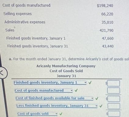 Cost of goods manufactured
$198,240
Selling expenses
66,220
Administrative expenses
35,010
Sales
421,790
Finished goods inventory, January 1
47,660
Finished goods inventory, January 31
43,440
a. For the month ended January 31, determine Aricanly's cost of goods sol
Aricanly Manufacturing Company
Cost of Goods Sold
January 31
Finished goods inventory, January 1
Cost of goods manufactured - V
Cost of finished goods available for sale
Less finished goods inventory, January 31
Cost of goods sold
