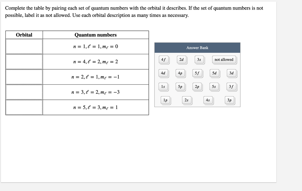 Complete the table by pairing each set of quantum numbers with the orbital it describes. If the set of quantum numbers is not
possible, label it as not allowed. Use each orbital description as many times as necessary.
Orbital
Quantum numbers
1, € =
3D 1, те 3D 0
n =
Answer Bank
n = 4, € = 2, me
4f
2d
3s
not allowed
4d
4p
5f
5d
3d
n = 2, € = 1, me
= -1
1s
5p
2p
5s
3f
n = 3,€ = 2, mę = -3
1p
2s
4s
3p
n = 5,€ = 3, me
1
