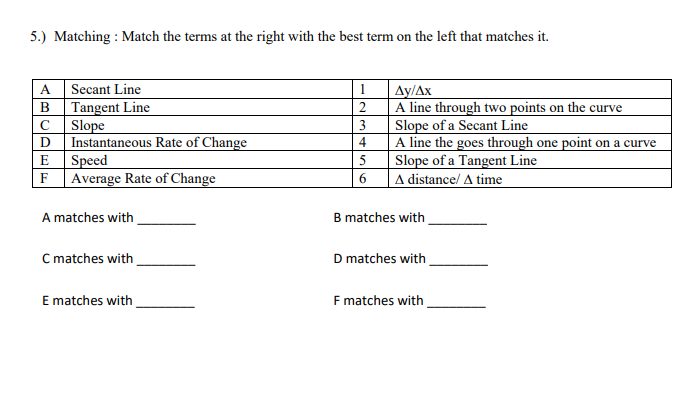5.) Matching : Match the terms at the right with the best term on the left that matches it.
Secant Line
B Tangent Line
Slope
Instantaneous Rate of Change
E Speed
F Average Rate of Change
A
1
Ay/Ax
A line through two points on the curve
Slope of a Secant Line
A line the goes through one point on a curve
3
4
5
Slope of a Tangent Line
6
| A distance/ A time
A matches with
B matches with
C matches with
D matches with
E matches with
F matches with
