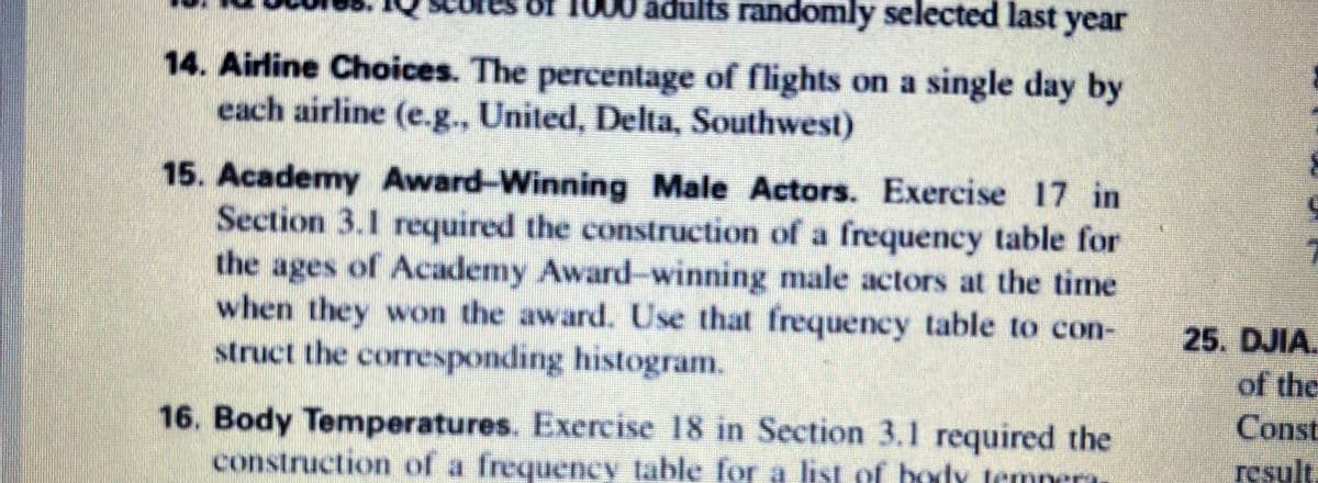 es of
000 adults randomly selected last year
14. Airline Choices. The percentage of flights on a single day by
each airline (e.g., United, Delta, Southwest)
15. Academy Award-Winning Male Actors. Exercise 17 in
Section 3.1 required the construction of a frequency table for
the ages of Academy Award-winning male actors at the time
when they won the award. Use that frequency table to con-
struct the corresponding histogram.
25. DJIA.
of the
Const
16. Body Temperatures. Exercise 18 in Section 3.1 required the
construction of a frequency table for a list of body temnera
result.
