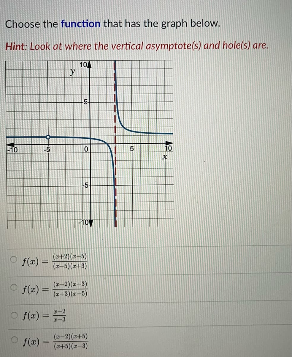 Choose the function that has the graph below.
Hint: Look at where the vertical asymptote(s) and hole(s) are.
10
y
-10
10
-5
f(x) =
f(x) =
f(x)=
f(x) =
LO
0
LO
-10
(x+2)(x-5)
(x-5)(x+3)
(x-2)(x+3)
(x+3)(x-5)
x-2
T-3
(x-2)(x+5)
(x+5)(x-3)
5
x