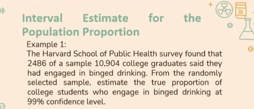Interval
Estimate
for
the
Population Proportion
Example 1:
The Harvard School of Public Health survey found that
2486 of a sample 10,904 college graduates said they
had engaged in binged drinking. From the randomly
selected sample, estimate the true proportion of
college students who engage in binged drinking at
99% confidence level.
