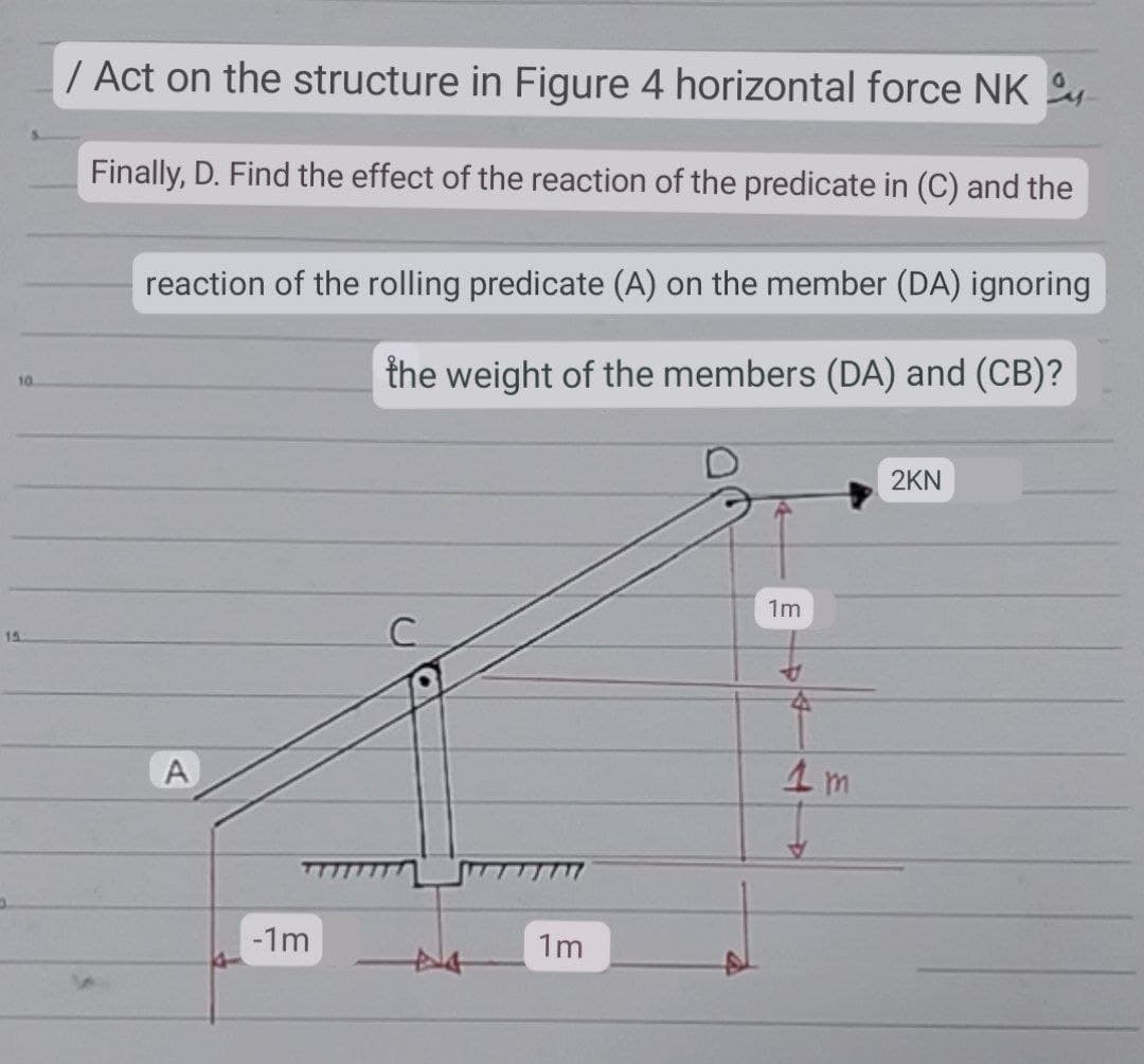 10.
15
/ Act on the structure in Figure 4 horizontal force NK
Finally, D. Find the effect of the reaction of the predicate in (C) and the
reaction of the rolling predicate (A) on the member (DA) ignoring
the weight of the members (DA) and (CB)?
2KN
1m
C
V
A
-1m
1m
45
1m