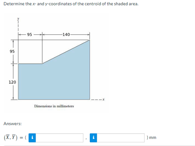 Determine the x- and y-coordinates of the centroid of the shaded area.
95
120
Answers:
95
(X,Y)= (i
-140-
Dimensions in millimeters
M
) mm