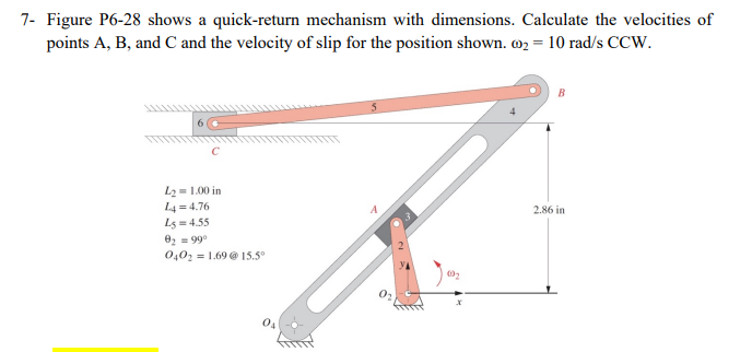 7- Figure P6-28 shows a quick-return mechanism with dimensions. Calculate the velocities of
points A, B, and C and the velocity of slip for the position shown. ₂ = 10 rad/s CCW.
L₂=1.00 in
L4=4.76
Ls=4.55
0₂ = 99⁰
040₂ = 1.69 @ 15.5°
00₂
X
2.86 in