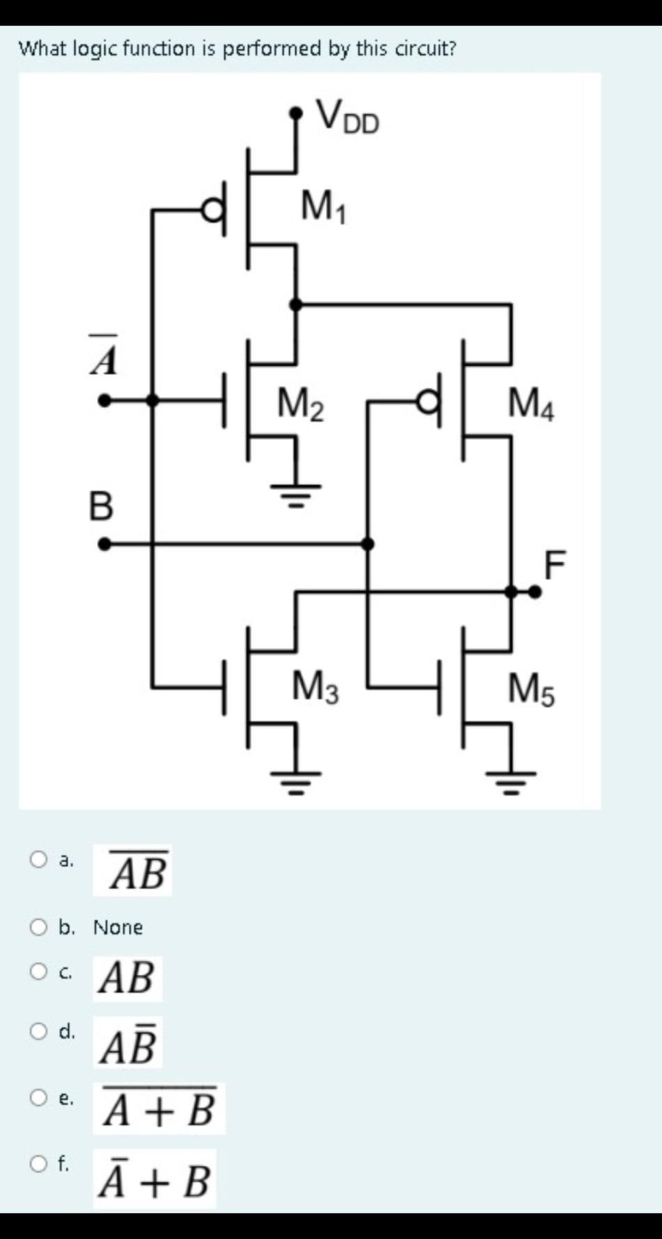 What logic function is performed by this circuit?
VDD
a.
O d.
e.
A
b. None
OC AB
AB
A+B
A+B
O f.
B
AB
M₁
M₂
M3
M4
F
M5