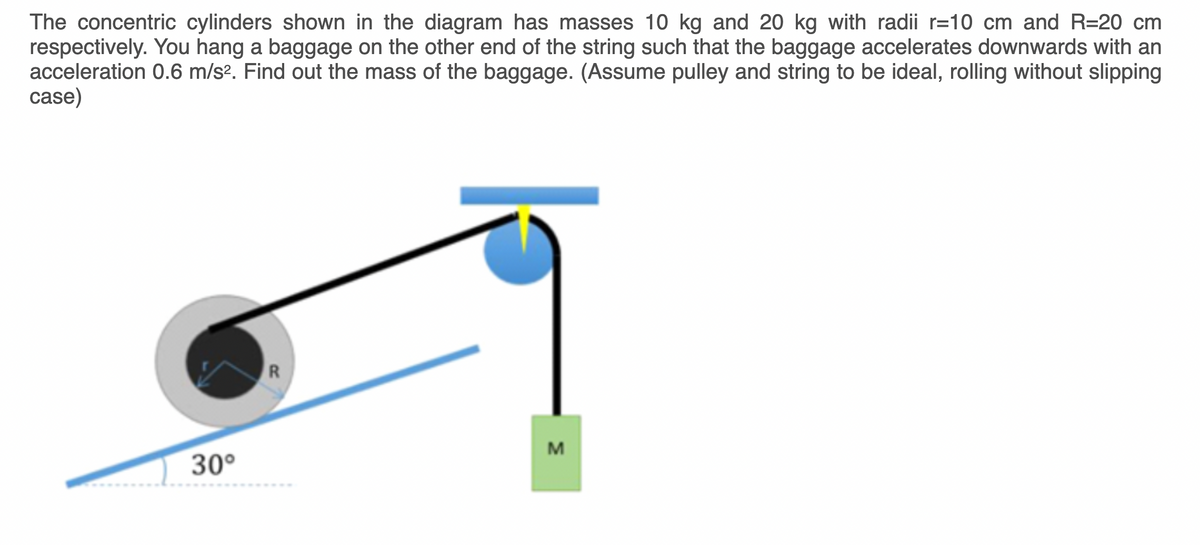 The concentric cylinders shown in the diagram has masses 10 kg and 20 kg with radii r=10 cm and R=20 cm
respectively. You hang a baggage on the other end of the string such that the baggage accelerates downwards with an
acceleration 0.6 m/s?. Find out the mass of the baggage. (Assume pulley and string to be ideal, rolling without slipping
case)
R
M
30°
