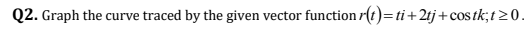 Q2. Graph the curve traced by the given vector function r(t)=ti+2tj+costk;t>0.
