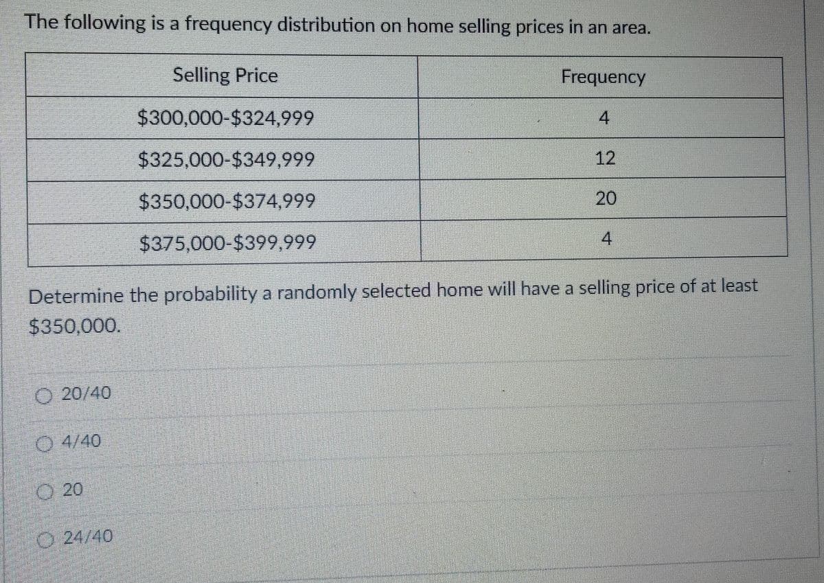 The following is a frequency distribution on home selling prices in an area.
Selling Price
Frequency
$300,000-$324,999
4
$325,000-$349,999
12
$350,000-$374,999
20
$375,000-$399,999
4
Determine the probability a randomly selected home will have a selling price of at least
$350,000.
( 20/40
O 4/40
20
24/40