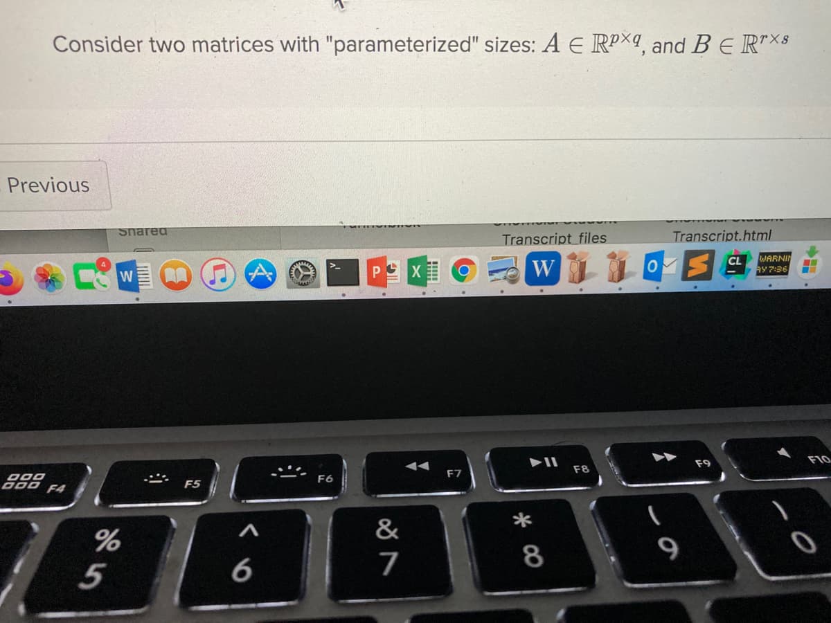 Consider two matrices with "parameterized" sizes: A E RPX9, and BERT*S
rX8
Previous
Snared
Transcript files
Transcript.html
CL
WARNIN
W
AY 7:36
W
F10
F8
F7
F6
D00 F4
F5
&
%
8
9
