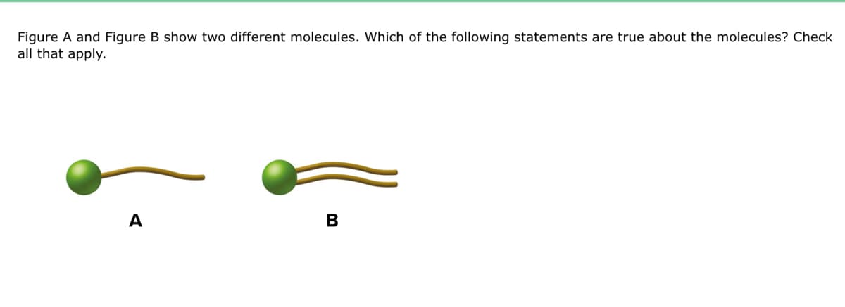 Figure A and Figure B show two different molecules. Which of the following statements are true about the molecules? Check
all that apply.
A
B