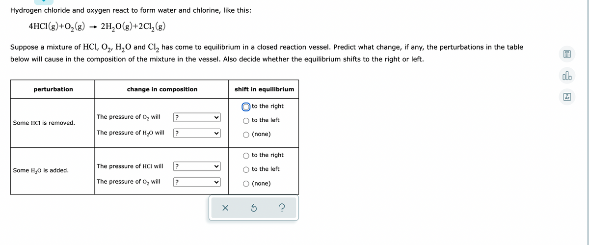 Hydrogen chloride and oxygen react to form water and chlorine, like this:
4HCI(g)+O,(g) → 2H,0(g)+2Cl,(g)
Suppose a mixture of HCI, 0,, H,0 and Cl, has come to equilibrium in a closed reaction vessel. Predict what change, if any, the perturbations in the table
below will cause in the composition of the mixture in the vessel. Also decide whether the equilibrium shifts to the right or left.
olo
perturbation
change in composition
shift in equilibrium
Ar
O to the right
The pressure of O, will
?
to the left
Some HCl is removed.
The pressure of H20 will
(none)
to the right
The pressure of HCl will
?
Some H,0 is added.
to the left
The pressure of O, will
(none)
