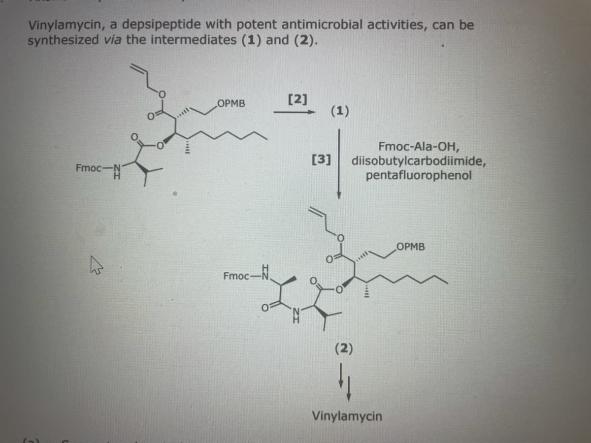 Vinylamycin, a depsipeptide with potent antimicrobial activities, can be
synthesized via the intermediates (1) and (2).
[2]
ОРМВ
(1)
Fmoc-Ala-OH,
diisobutylcarbodiimide,
pentafluorophenol
[3]
Fmoc-
ОРМB
FmOc-
Vinylamycin
