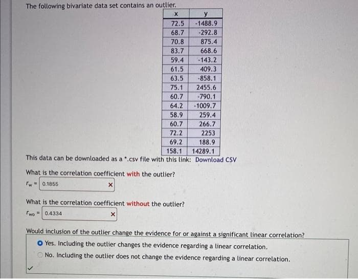 The following bivariate data set contains an outlier.
y
-1488.9
-292.8
875.4
668.6
-143.2
409.3
-858.1
2455.6
-790.1
64.2
-1009.7
58.9
259.4
60.7
266.7
72.2
2253
69.2
188.9
158.1
14289.1
This data can be downloaded as a *.csv file with this link: Download CSV
X
72.5
68.7
70.8
83.7
59.4
61.5
63.5
75.1
60.7
What is the correlation coefficient with the outlier?
Tw= 0.1855
X
What is the correlation coefficient without the outlier?
Two 0.4334
Would inclusion of the outlier change the evidence for or against a significant linear correlation?
O Yes. Including the outlier changes the evidence regarding a linear correlation.
No. Including the outlier does not change the evidence regarding a linear correlation.